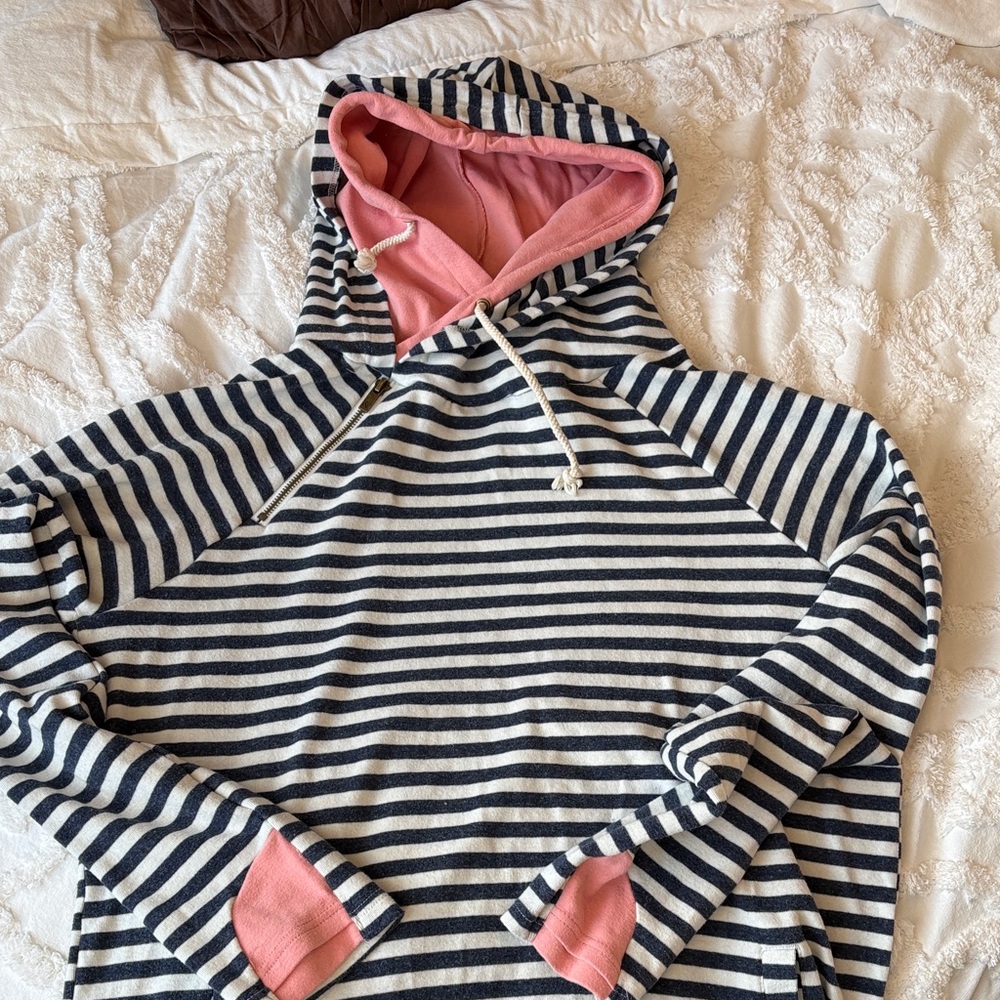 AMPERSAND AVE Striped Navy and White Double Hoodie with Pink Accents